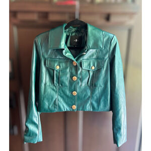 7 For All Mankind Womens Faux Leather Button Up Crop Jacket Green Size Medium
